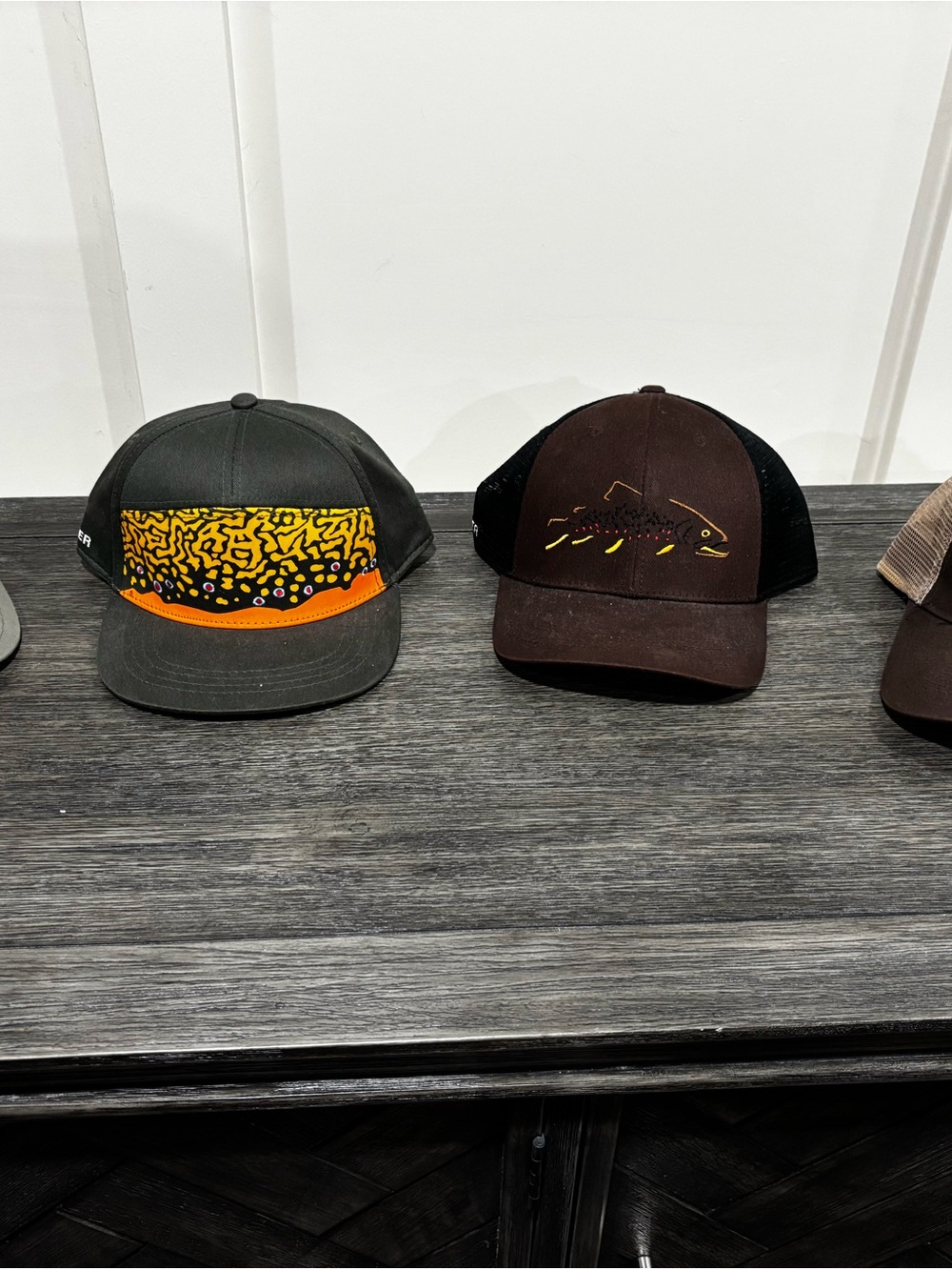 Simms Olive Green Trucker Hat with Yellow Pattern and Orange Trim